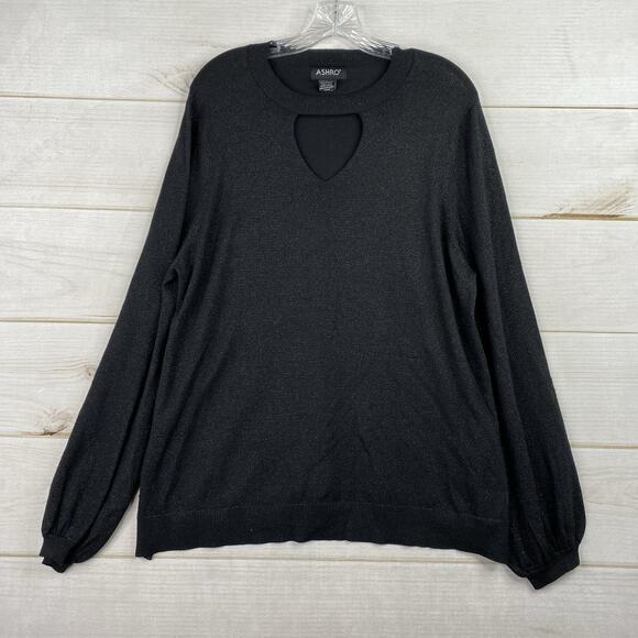 Ashro Sweater Womens 1X Black Silver Shiny Sparkles Keyhole Pullover Stretch - Picture 1 of 9